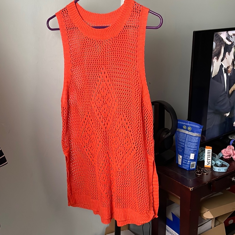 Orange mock neck sleeveless crochet coverup top in size XL